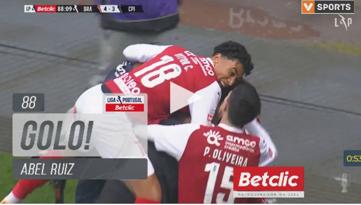 Imagem de contexto do artigo Braga-Casa Pia: Abel Ruiz bisou e deu a vitória com um grande golo