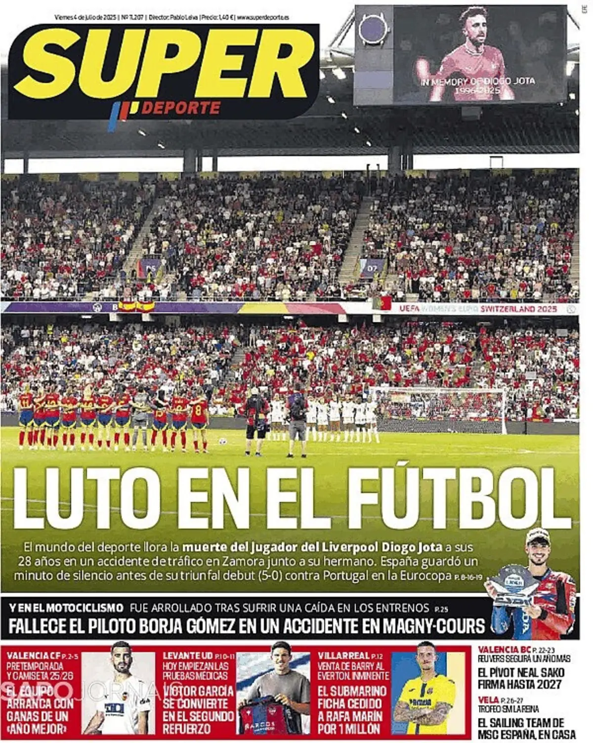 Imagem de contexto do artigo Morte de Diogo Jota é tema na primeira página de muitos jornais internacionais