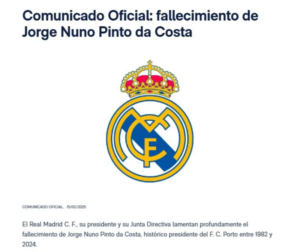 Imagem de contexto do artigo Comunicado do Real Madrid à morte de Pinto da Costa