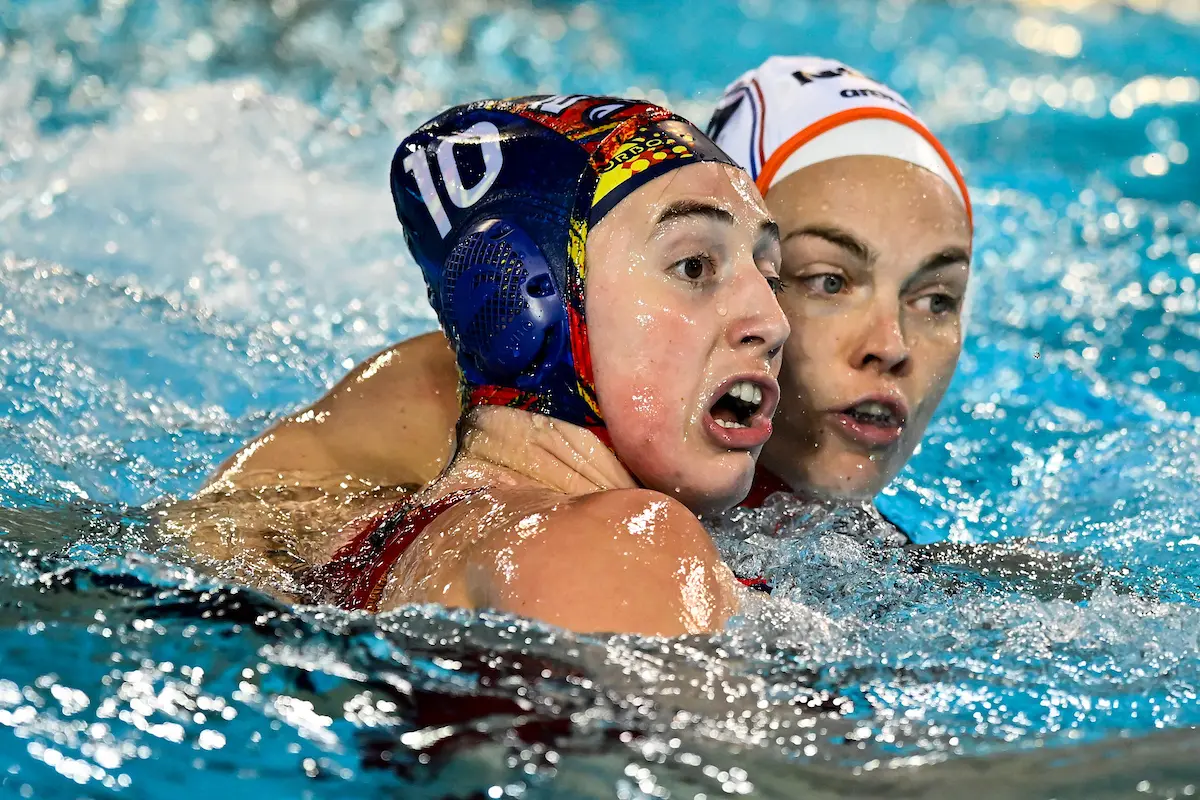 Paula Camus Amoros of Spain in action in the water polo match between Netherlands (white caps) and Spain (blue caps) during the Womens 21st European Aquatics Water Polo Championship 2026 at Funchal Olympic Pools Complex in Funchal (Madeira, Portugal), 01 {monthnale}, 2026.