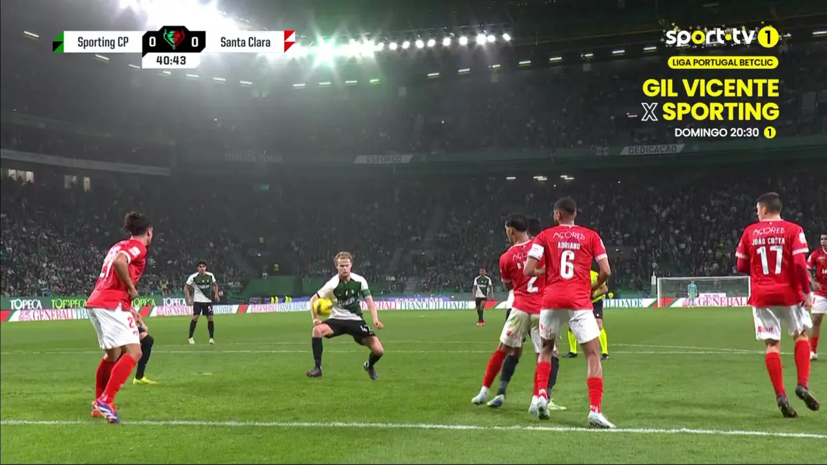 Imagem de contexto do artigo Veja o golo anulado ao Sporting contra o Santa Clara por infração de Hjulmand
