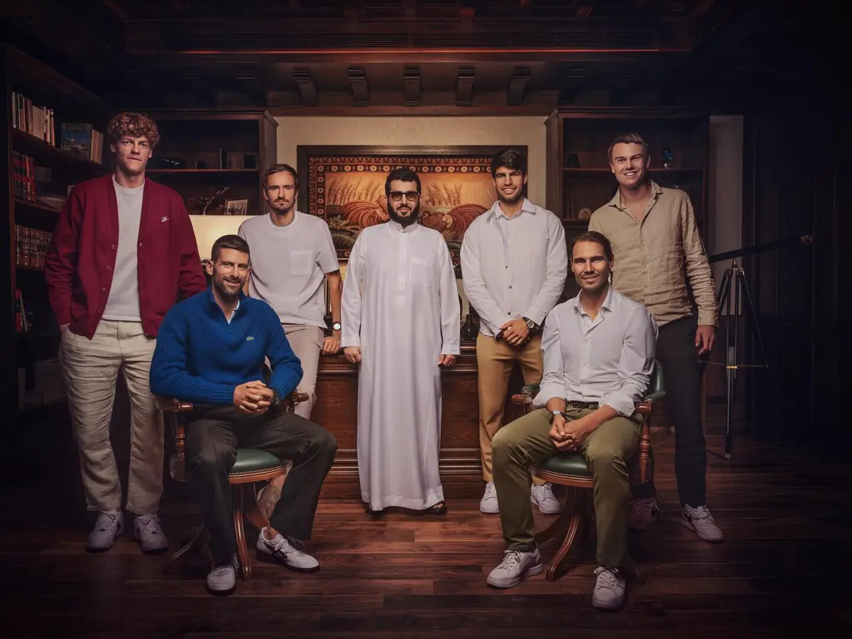 Nadal, Djokovic, Alcaraz, Sinner, Rune, and Medvedev em torneio saudita (créditos: Instagram/rafaelnadal)