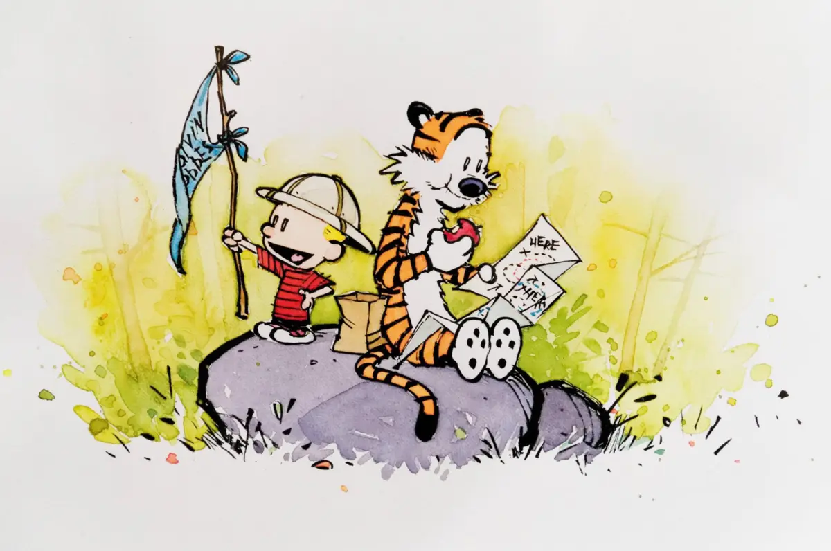 Imagem de contexto do artigo "Emblemática, um êxito enorme." Banda desenhada Calvin & Hobbes foi lançada há 40 anos