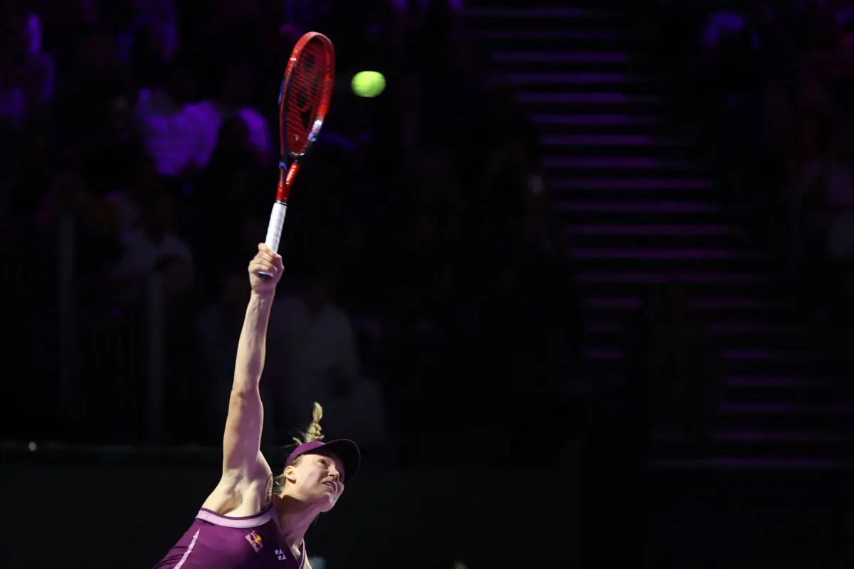 Kazakhstan's Elena Rybakina hits a return to Belarus' Aryna Sabalenka during the final of the Women's WTA Finals, in Riyadh on November 8, 2025. Elena Rybakina beat world number one Aryna Sabalenka 6-3, 7-6 (7/0) to win the WTA Finals for the first time in Riyadh on November 8, to earn a record $5.235 million. (Photo by Fayez NURELDINE / AFP)