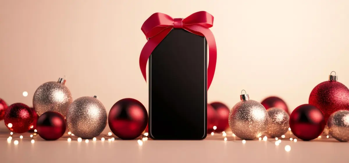 Smartphone wrapped with a red ribbon, standing among festive christmas and new year ornaments with twinkling lights, ready for celebration