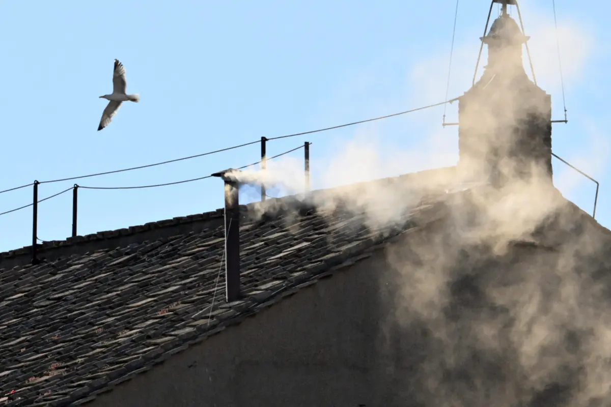 Imagem de contexto do artigo "Temos Papa": sai fumo branco da chaminé às 17h08